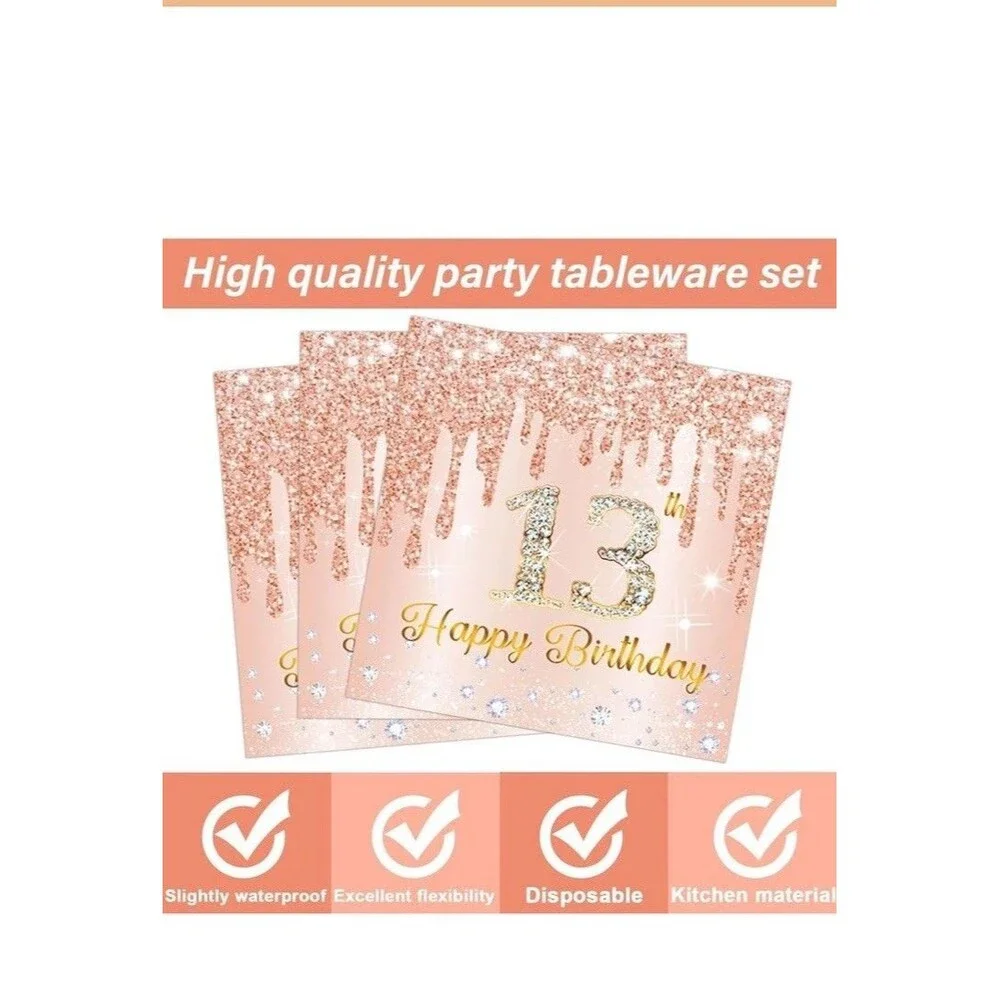 96 Pcs Rose Gold 13th Birthday Party Plates and Napkins for Girls Rose Gold